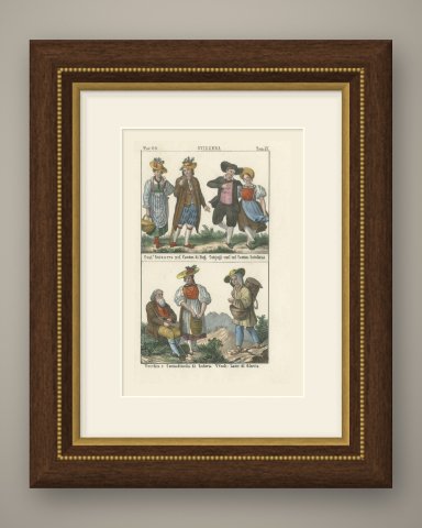 Swiss Costumes of Zug, Schaffhausen, Solura and Glavis, Lithograph, 1842, shown framed