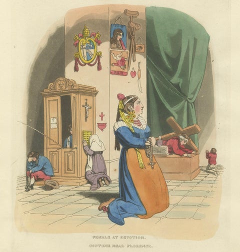 Costume Print: Woman at Devotion, Near Florence, 1820s Hand-Colored Engraving, close-up 5