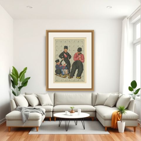 Cheerful Winter Outing: Volendam Men & Children in Holiday Dress (1932), shown framed in a room
