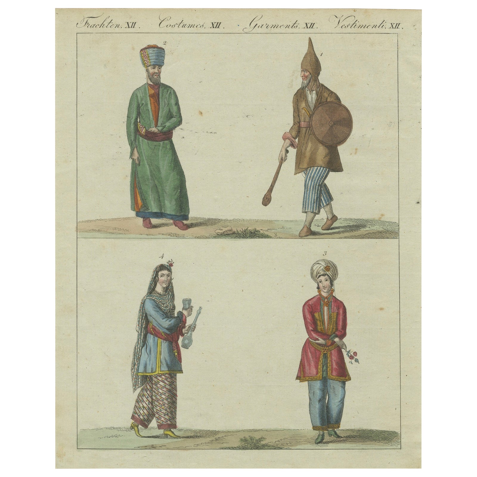 Antique Hand-Colored Print of Turkish or Ottoman Costumes Plate XII, circa 1800