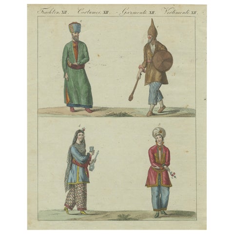 Antique Hand-Colored Print of Turkish or Ottoman Costumes Plate XII, circa 1800