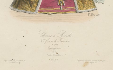 Antique French Costume Print of Eleonore di Austria, Renaissance Fashion, c.1860, close-up 1
