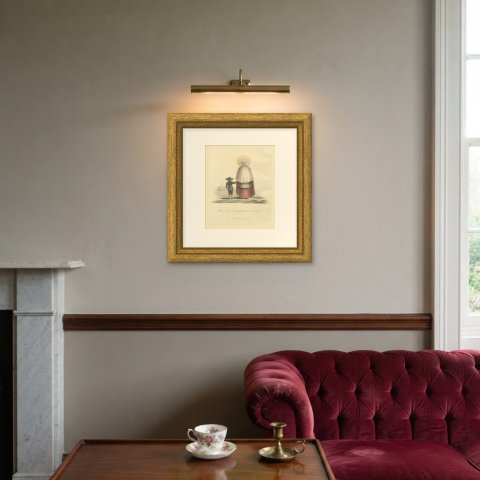 Woman and Boy near Amsterdam, Church Spire Beyond, Antique Print, 1817, shown framed on a wall