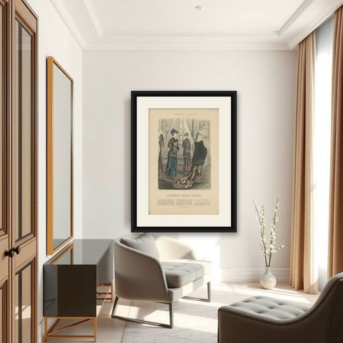 Antique Fashion Print from Germany by Marquart, 1881, shown framed in a room