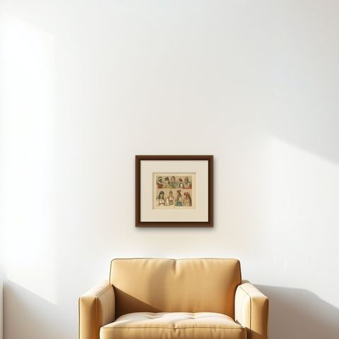 Pl. 82 Antique Print of African Costumes Racinet, 'circa 1880', shown framed on a wall