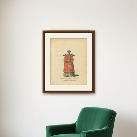 Chinese Mandarin Official in Light Summer Robes, Antique Costume Print, 1749, shown framed on a wall