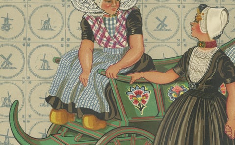 Colorful Walcheren Girls in Traditional Dress Riding a Painted Market Cart, 1932, close-up 1