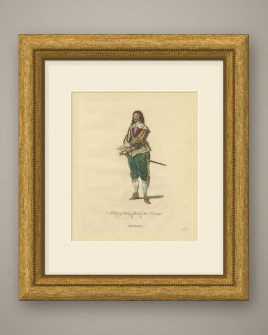 King Charles I in 1630, Caroline Court Costume, Jefferys Costume Print, 1757, shown framed