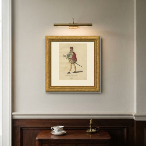 Gentleman of Spain with Crimson Cape and Sword, Jefferys Costume Plate, 1757, shown framed on a wall