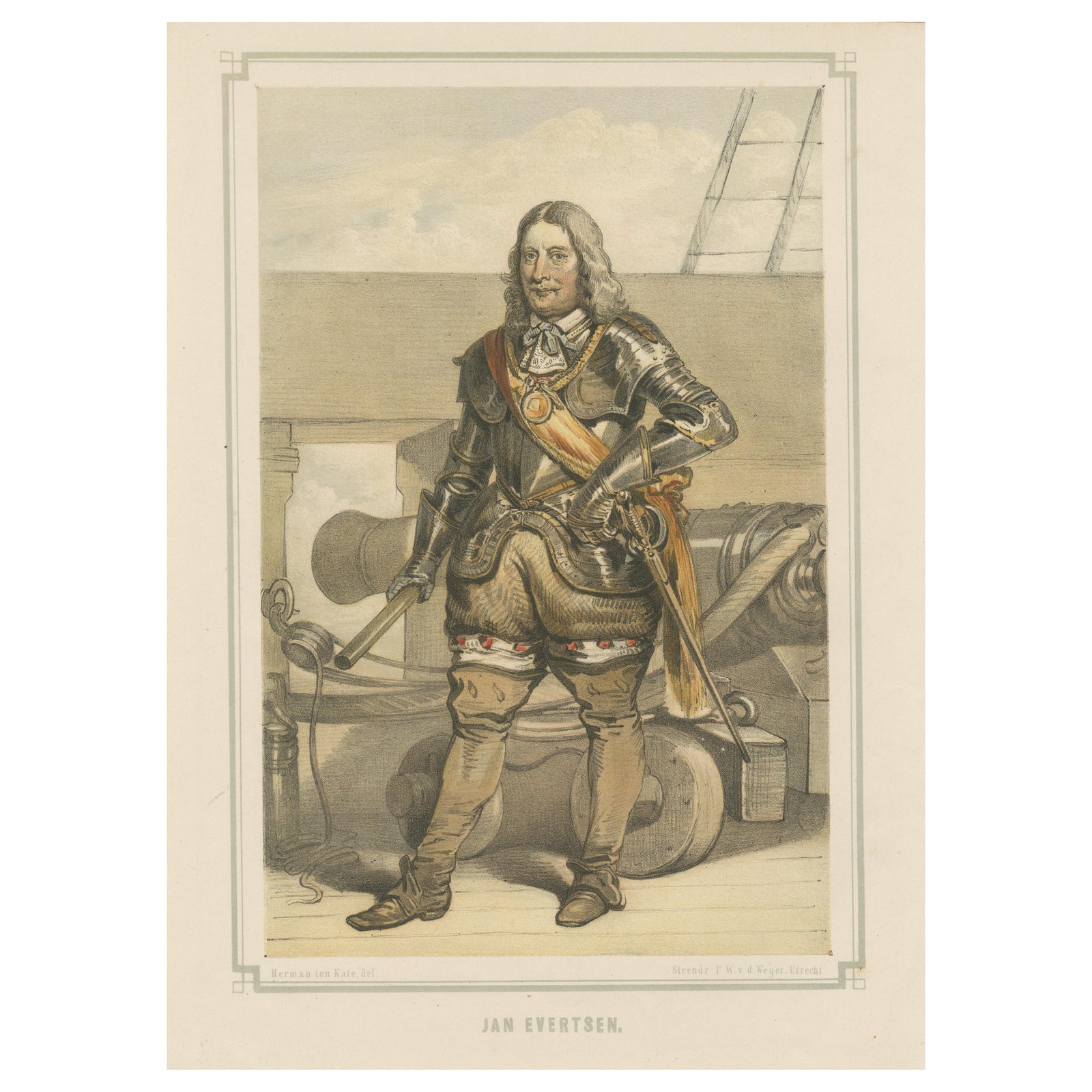 Jan Evertsen, Dutch Admiral in Battle Dress, Hand-Colored Lithograph, ca.1850