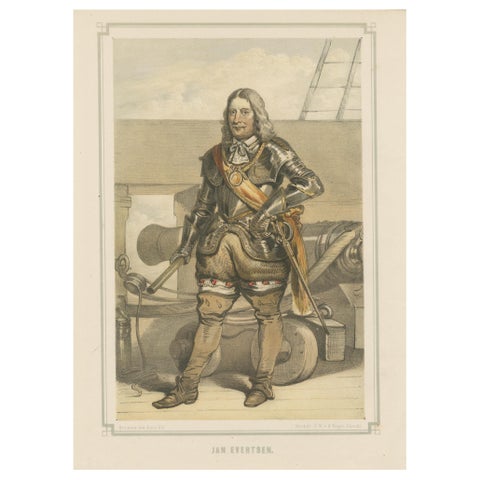 Jan Evertsen, Dutch Admiral in Battle Dress, Hand-Colored Lithograph, ca.1850