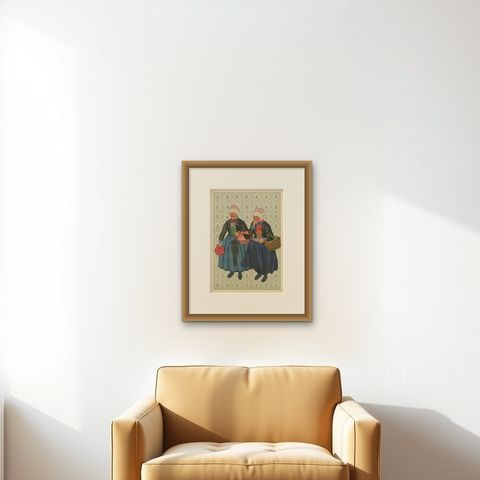 Colorful Doornspyk Market Women in Apenjak Coats, Dutch Costume Print, 1932, shown framed on a wall