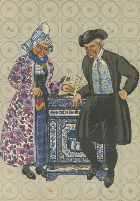 Mourning Dress in Hindeloopen with Delft Stove, 1932 Lithograph, close-up 6