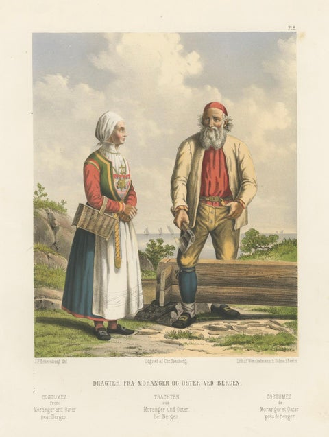 Folk Costumes near Bergen, Moranger and Oster Couple, 19th Century Print, close-up 4