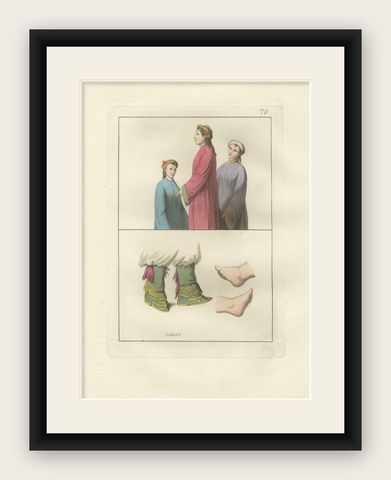 Antique Hand-Coloured Engraving of Chinese Costume & Footbinding, 1815, shown framed