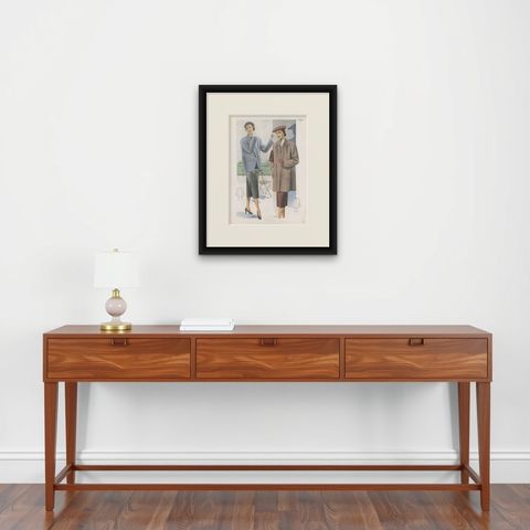 Antique Fashion Print, Published in Ladies Styles, 1951, shown framed on a wall