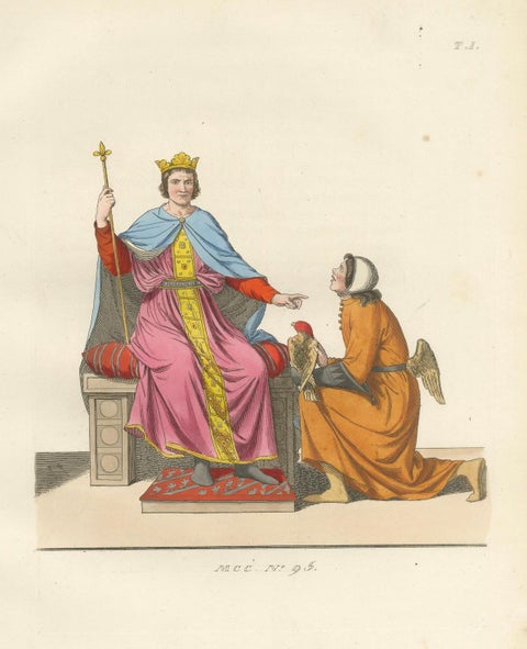 Antique 1845 Print, King and Angel in 15th Century Courtly Costume, close-up 5