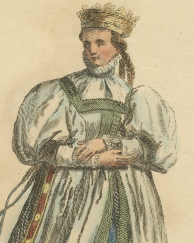 Bridal Habit of a Swiss Lady in 1577, Hand Colored Jefferys Costume Plate, 1757, close-up 1