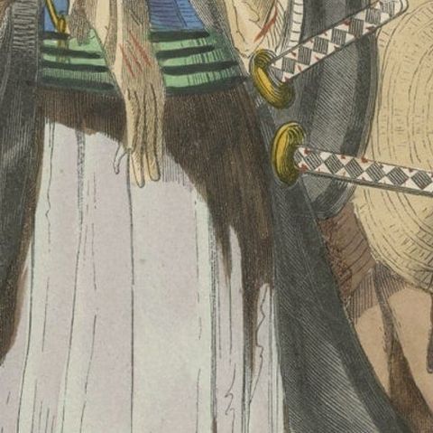 Original Hand-Colored Antique Print of a Japanese Nobleman & Servant, ca.1845, close-up 3