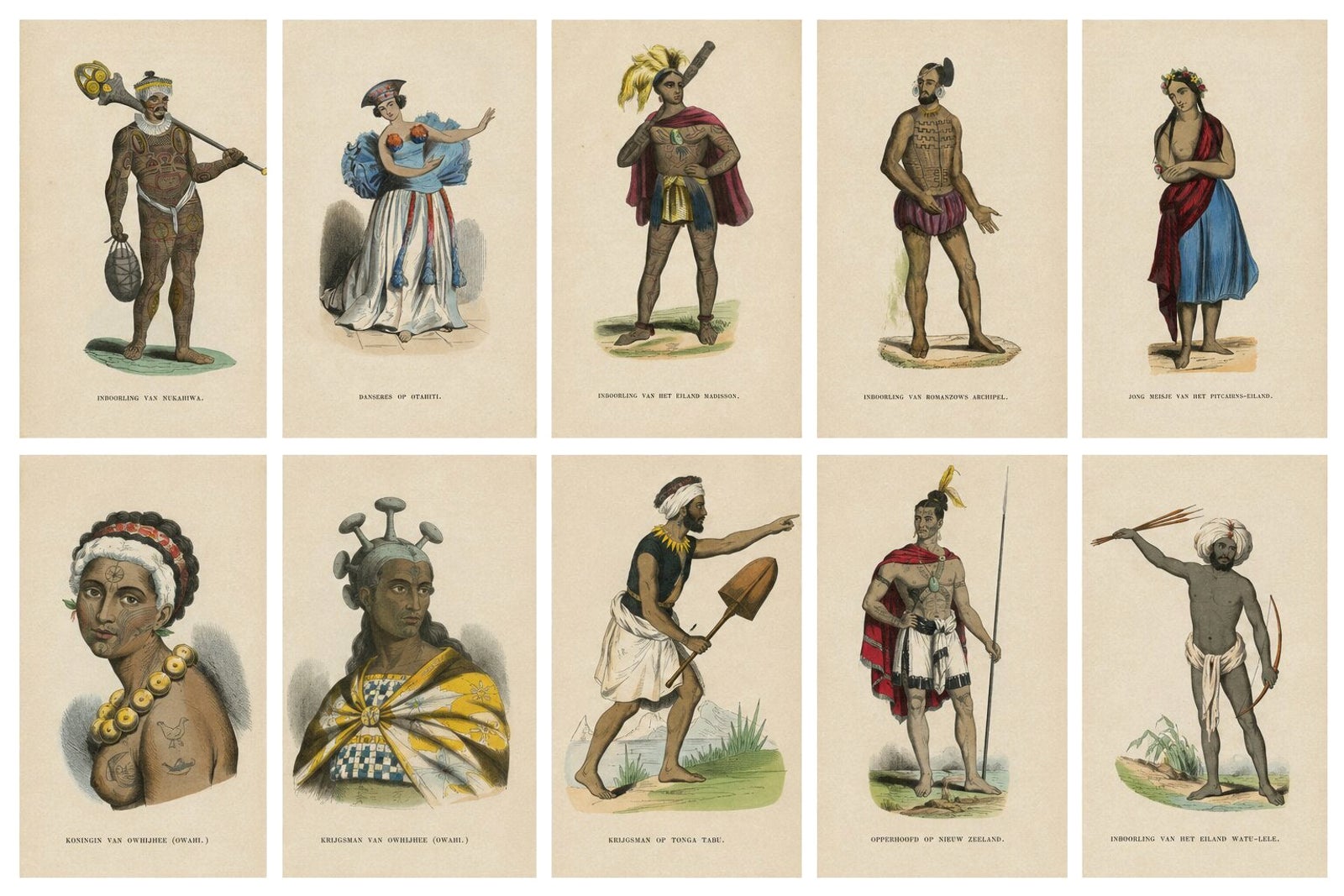 Antique Pacific Islanders & Polynesian Costume Prints, Set of 10, c.1852