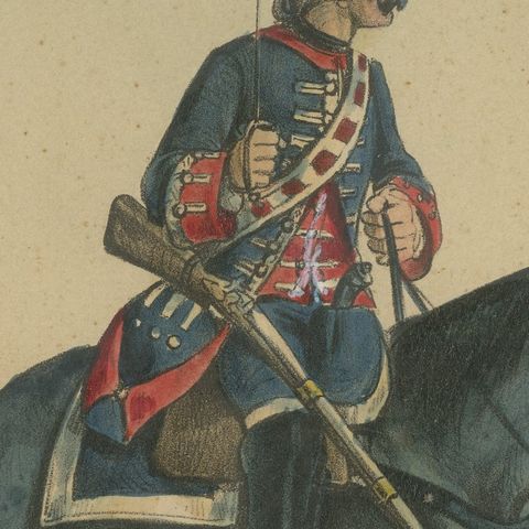 Spanish Cavalry Lithograph by José Rubio y Villegas: Mounted Dragoons, 1861, close-up 1