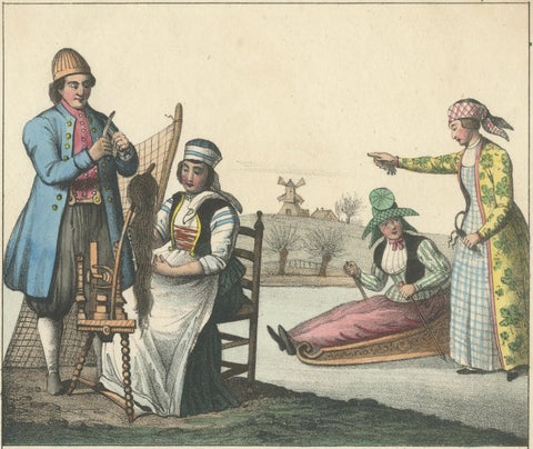 Frisian Fisherman & Winter Costume Scene, Dutch Costume Lithograph, c.1840, close-up 1