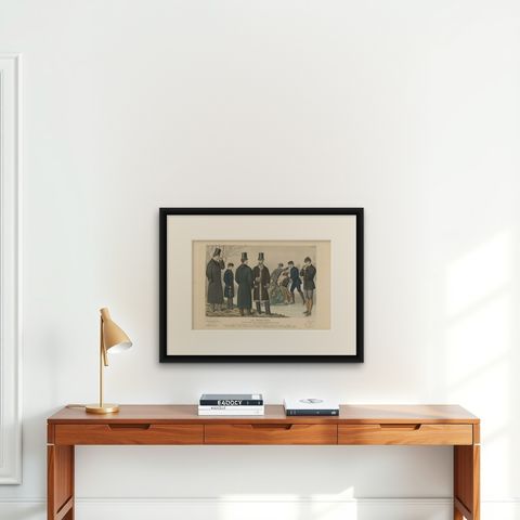 Antique Fashion Print of Men in the 19th Century, shown framed on a wall