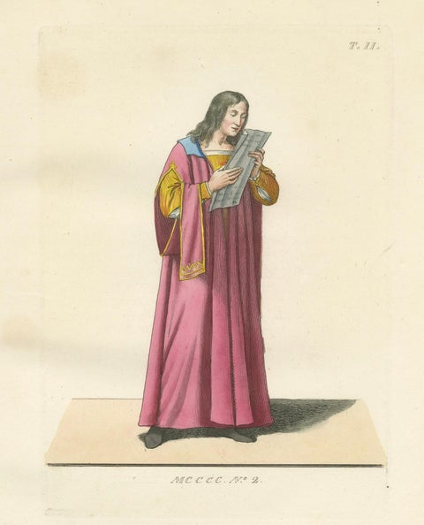 Antique 1845 Hand-Colored Engraving of Medieval Singer in Pink Robe, France, close-up 4