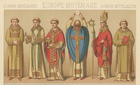Medieval European Clergy Costumes by Racinet, Gothic Vestments, 1888, close-up 1