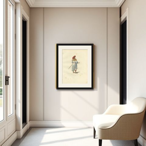 Antique Print of a German Nobleman, 15th Century, by Bonnard, 1860, shown framed in a room