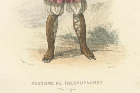 Sardinian Man Costume Print Tresnuraghes 1853 by Compte-Calix, Hand-Colored, close-up 1