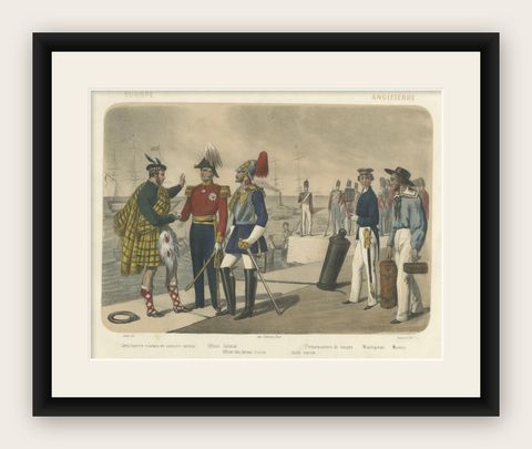 British and Scottish Costumes, Officers, Guards, and Sailors, c.1845, shown framed