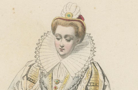 Antique French Costume Print of Marguerite Duchesse de Savoie, Renaissance Dress, close-up 3