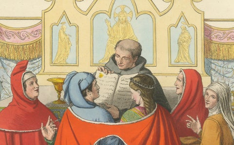 14th Century Italian Wedding, Clergy and Nobility in Antique Print, 1845, close-up 3
