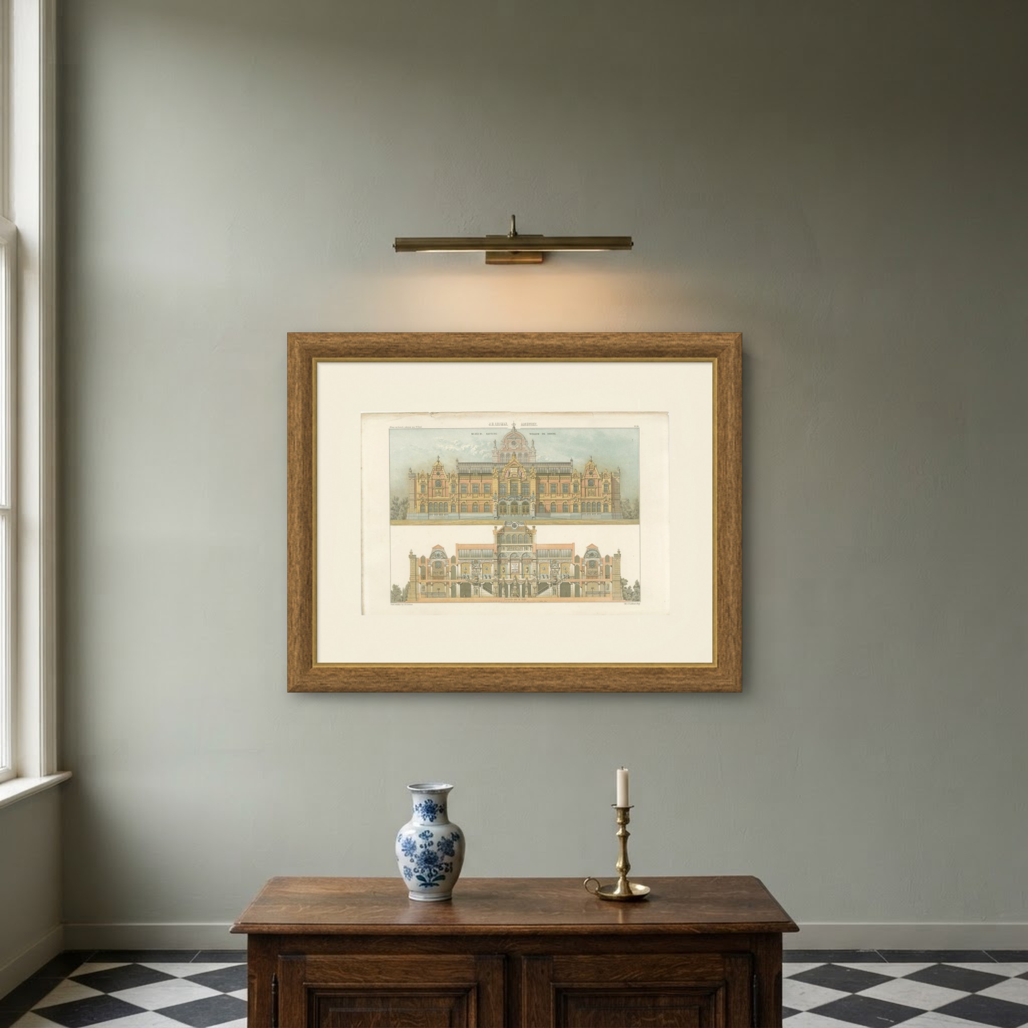 Museum King Willem III, Elevation, Dutch Architecture Print, Leliman, 1865-1866, shown framed on a wall