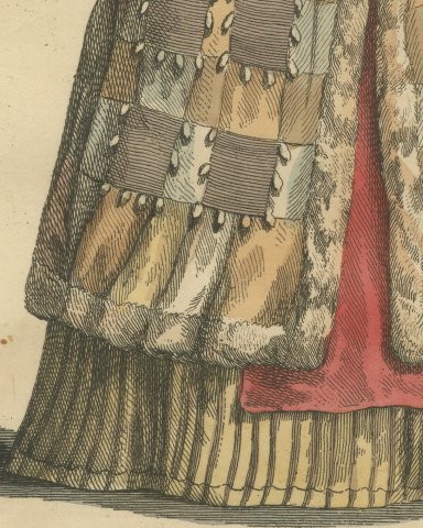 Lady of Silesia in Patchwork Fur Cloak and Gold Headdress, Costume of 1577, 1757, close-up 3