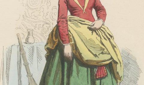 Antique French Costume Print of Medieval Chambermaid, Hand-Colored, 19th Century, close-up 2
