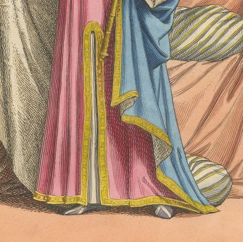 Antique 1845 Hand-Colored Print of a Medieval King in Regal Robes with Scepter, close-up 6