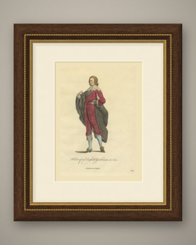 English Gentleman in 1640, Crimson Suit and Black Cloak, Jefferys Print, 1757, shown framed