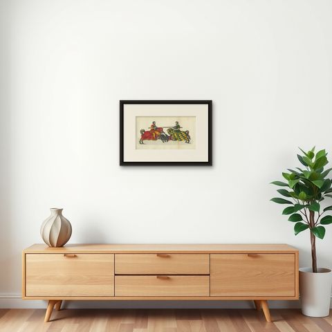 19th-Century Hand-Coloured Lithograph of Jousting Gentlemen in Vibrant Attire, shown framed on a wall