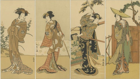 Antique Japanese Costume Print: Four Elegant Women in Edo-Period Kimono, 1882, close-up 3