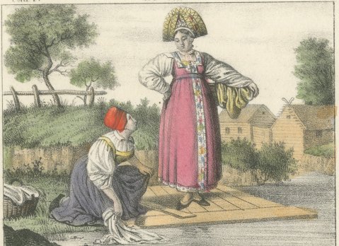 Russian Women Washing Linen and Russian Peasants with a Distaff, 1842, close-up 1