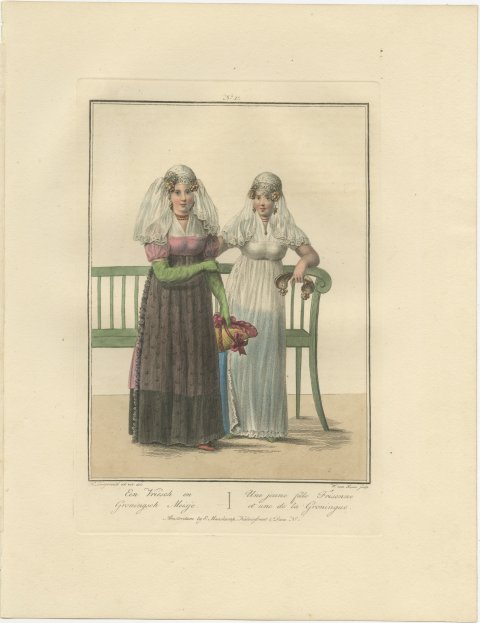 A Frisian and a Groningen Girl, Dutch Regional Dress, Maaskamp, circa 1820, view 2