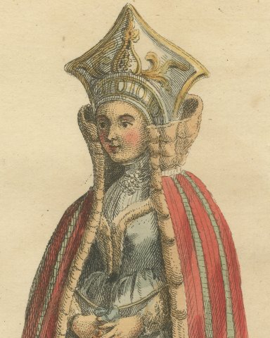 Habit of a Lady of Livonia in 1577, Hand Colored Jefferys Costume Plate, 1757, close-up 1
