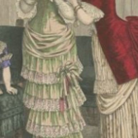 Antique Fashion Print of Two Ladies and a Girl, by Marquart, 1881, close-up 2