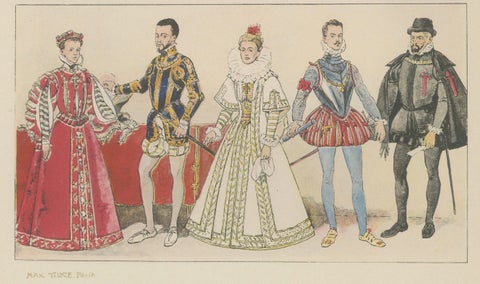 Renaissance Spain Costume & Armour Print, 1880 Chromolithograph by Tilke, close-up 1