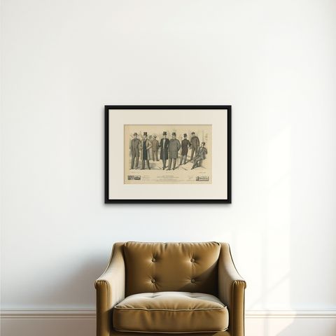 Antique Fashion Print Published in April, 1898, shown framed on a wall
