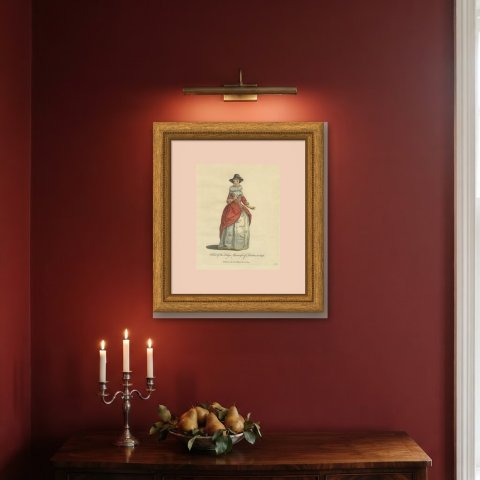 Lady Mayoress of London in 1640, Ruff and Red Gown, Jefferys Costume Print, 1757, shown framed on a wall
