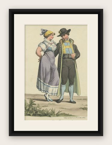 Upper Austria Folk Costume Couple, Antique Lithograph, Trentsensky c.1825, shown framed