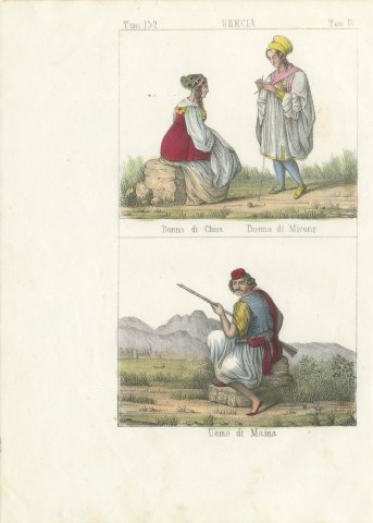 Women of Chios and Mykonos and a Man of Mani, Hand Colored Lithograph, 1842, view 2